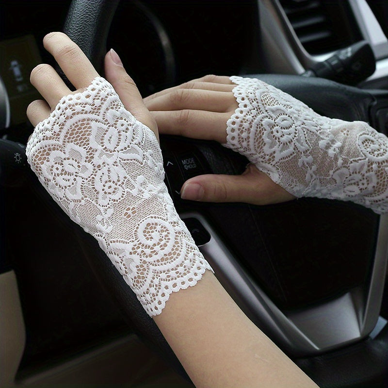 Geometric lace half finger wrist sleeves with thumb hole for summer sunscreen protection.