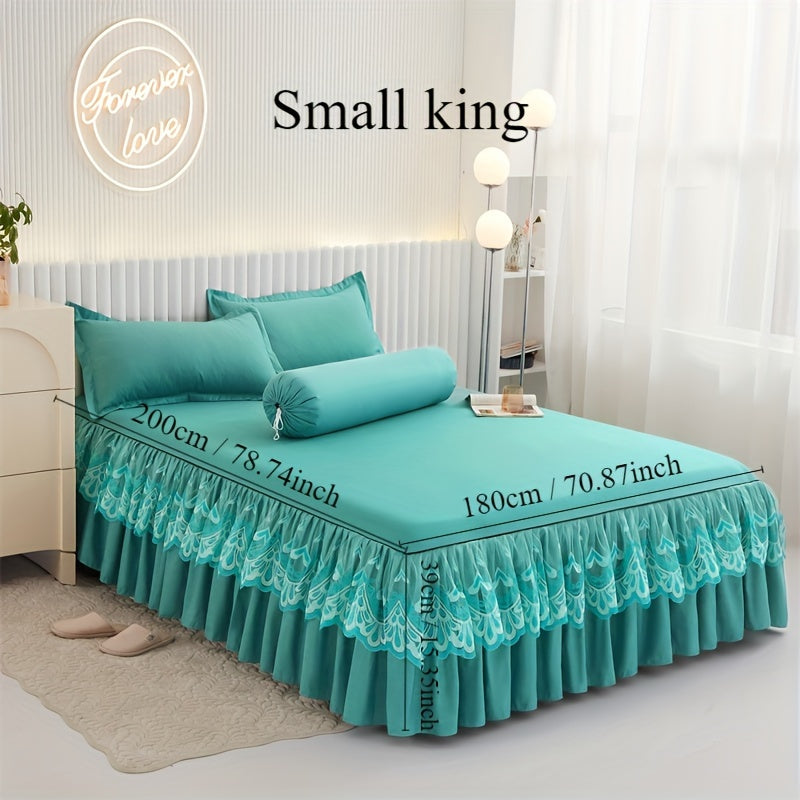 Chic 3-Piece Bed Skirt Set Featuring Double Layer Lace - Comes with 1 Bed Skirt and 2 Pillowcases, in a Solid Color. Non-Slip and Perfect for All Seasons, this Set is Machine Washable for easy care.