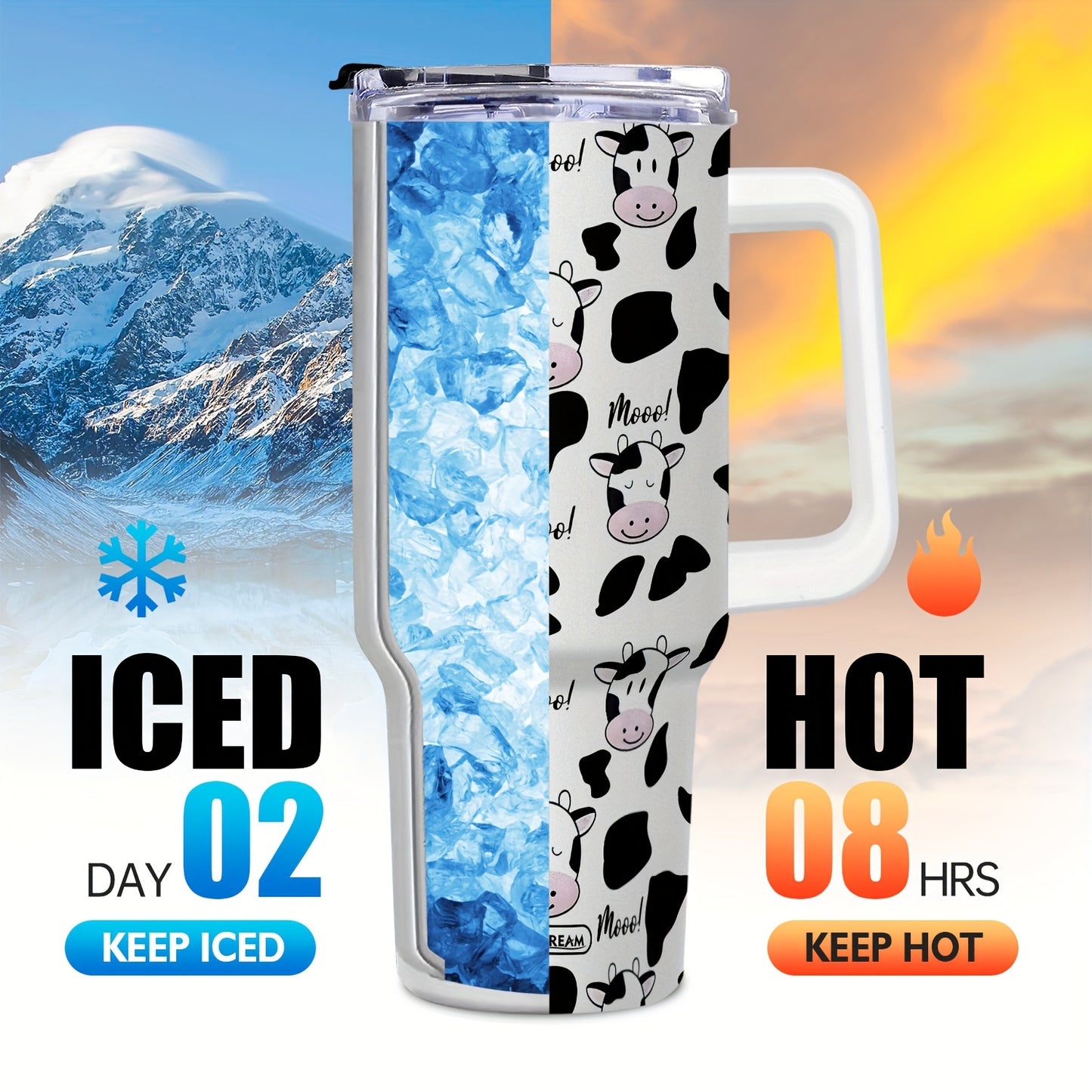 Adiffly 40oz Stainless Steel Tumbler with Cow Print, Vacuum Insulated, BPA Free, Keeps Beverages Cold for 48 Hours - Ideal for Family & Friends.