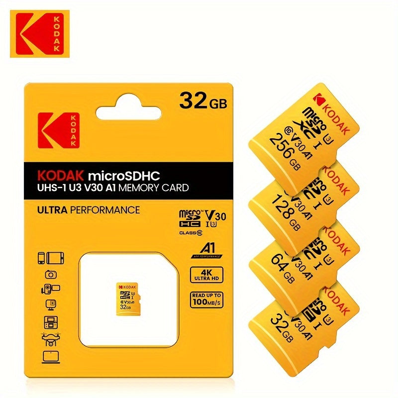 KODAK MicroSDXC memory card for high-speed 4K video recording, available in 64GB/128GB/32GB sizes. Ultra performance, no battery needed.