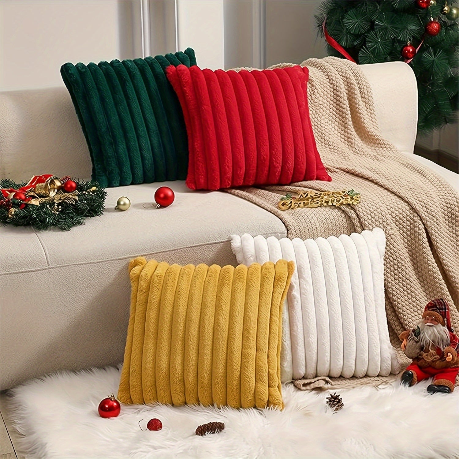 Faux fur throw pillow cover with zipper closure, ideal for winter and Christmas decor. Hand wash only. Made of polyester.