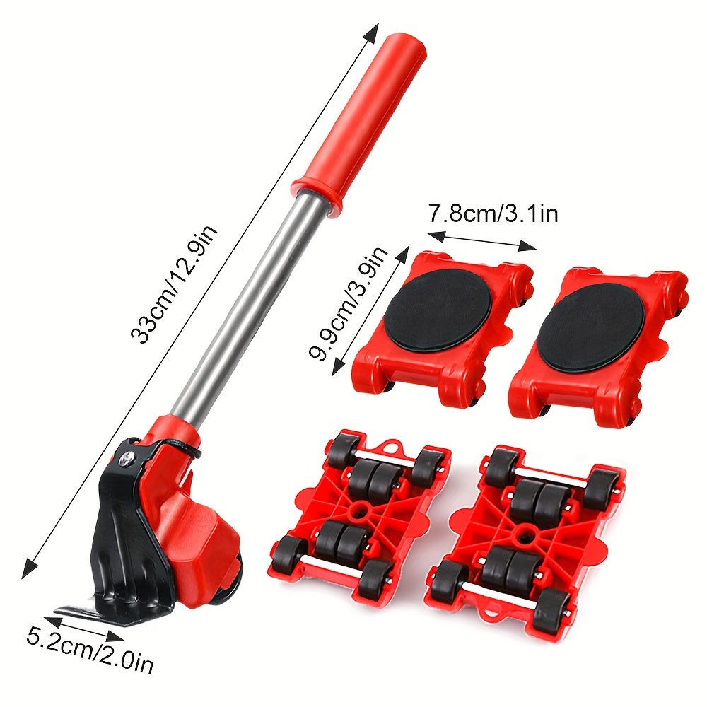 5-частный комплект тяжелых мебельных подъемников-роликов с колесной перекладиной для облегчения перемещения мебели.