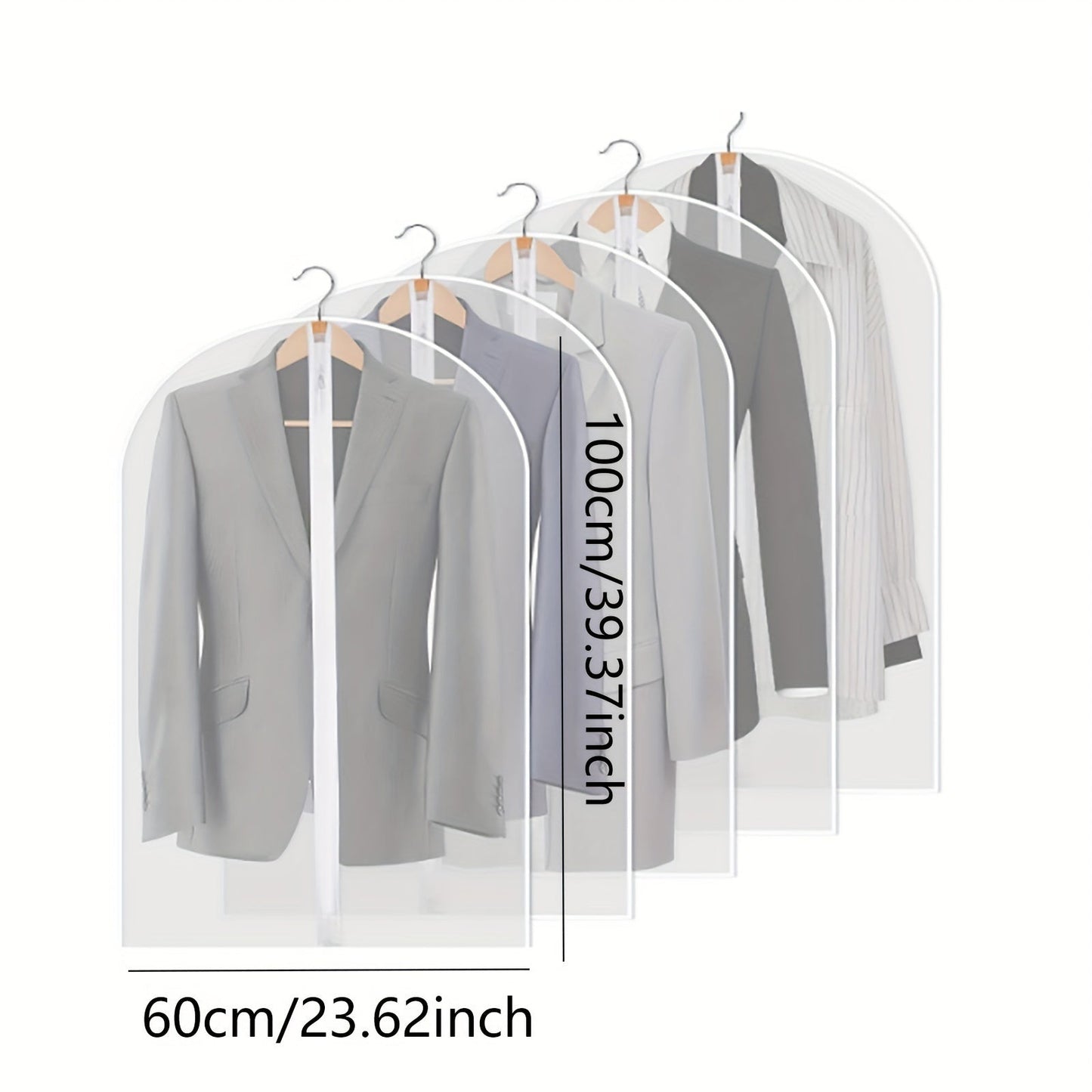 Five pieces of clothes dust cover bags with zippers, coat plastic hanging storage bags for household space-saving organization in the bedroom, bathroom, office, closet, wardrobe, home, or dorm.