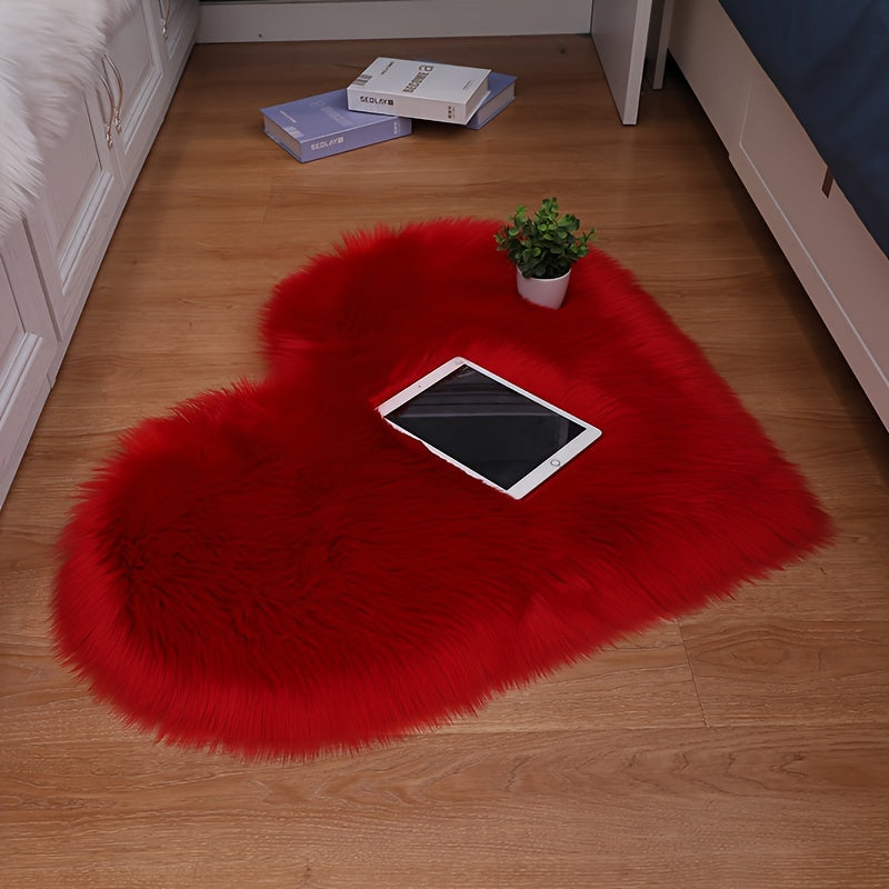 Heart-Shaped Faux Fur Area Rug, Soft Plush Acrylic Blend, Non-Slip, Hand Washable, Cozy Mat for Bedroom or Living Room