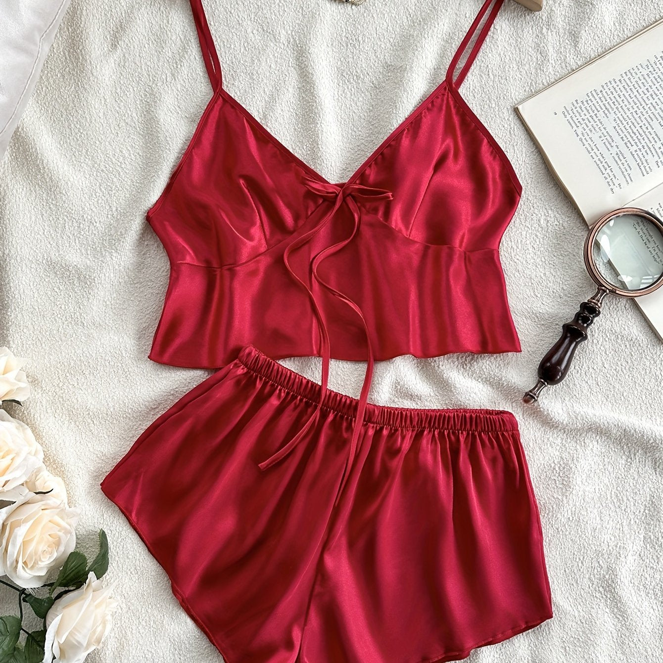 Solid satin pajama set with backless crop top and mini shorts for women, perfect summer sleepwear