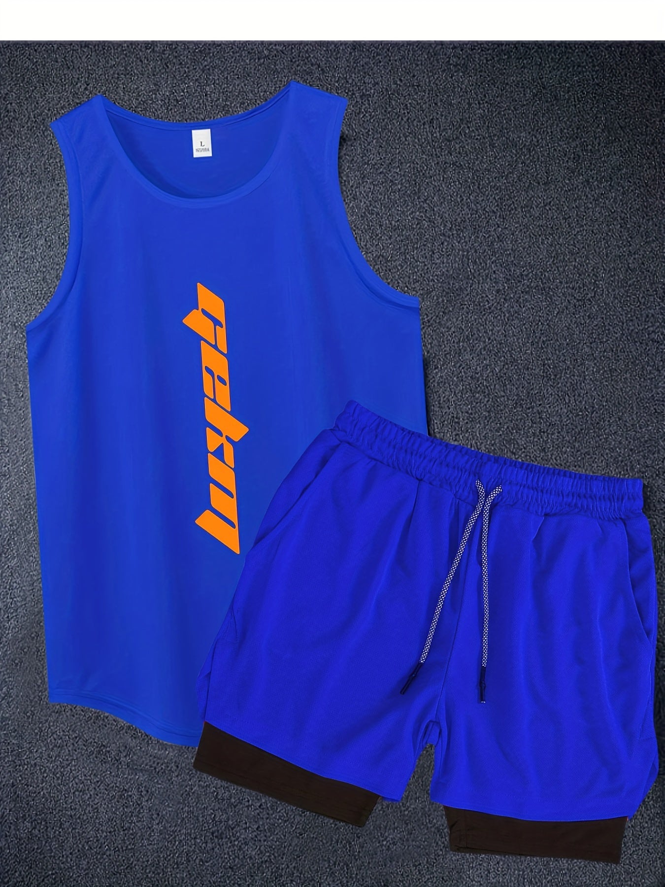 Men's stylish summer co-ord set includes letter print tank top and drawstring shorts, perfect for fitness and training.