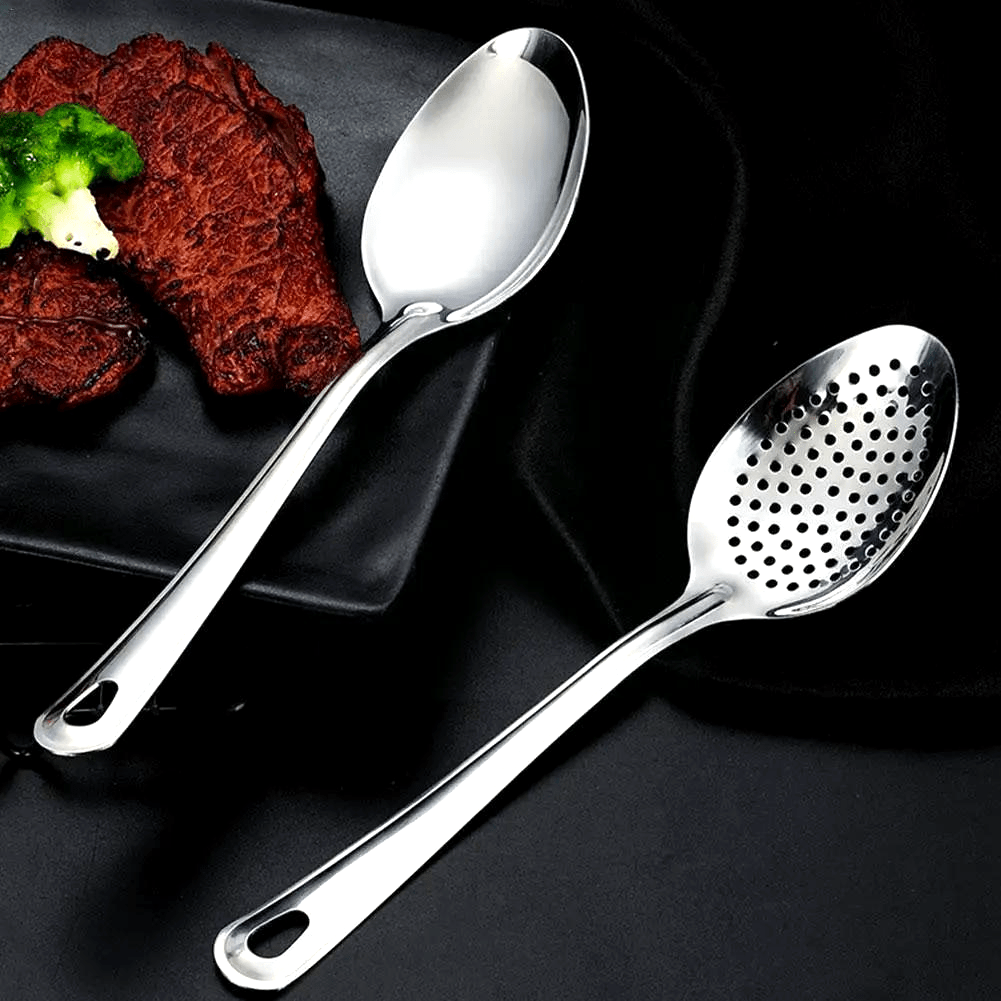 Stainless steel spoon set for home, restaurant, or hotel kitchens, includes colander, slotted spoon, and dessert fruit snack spoons.