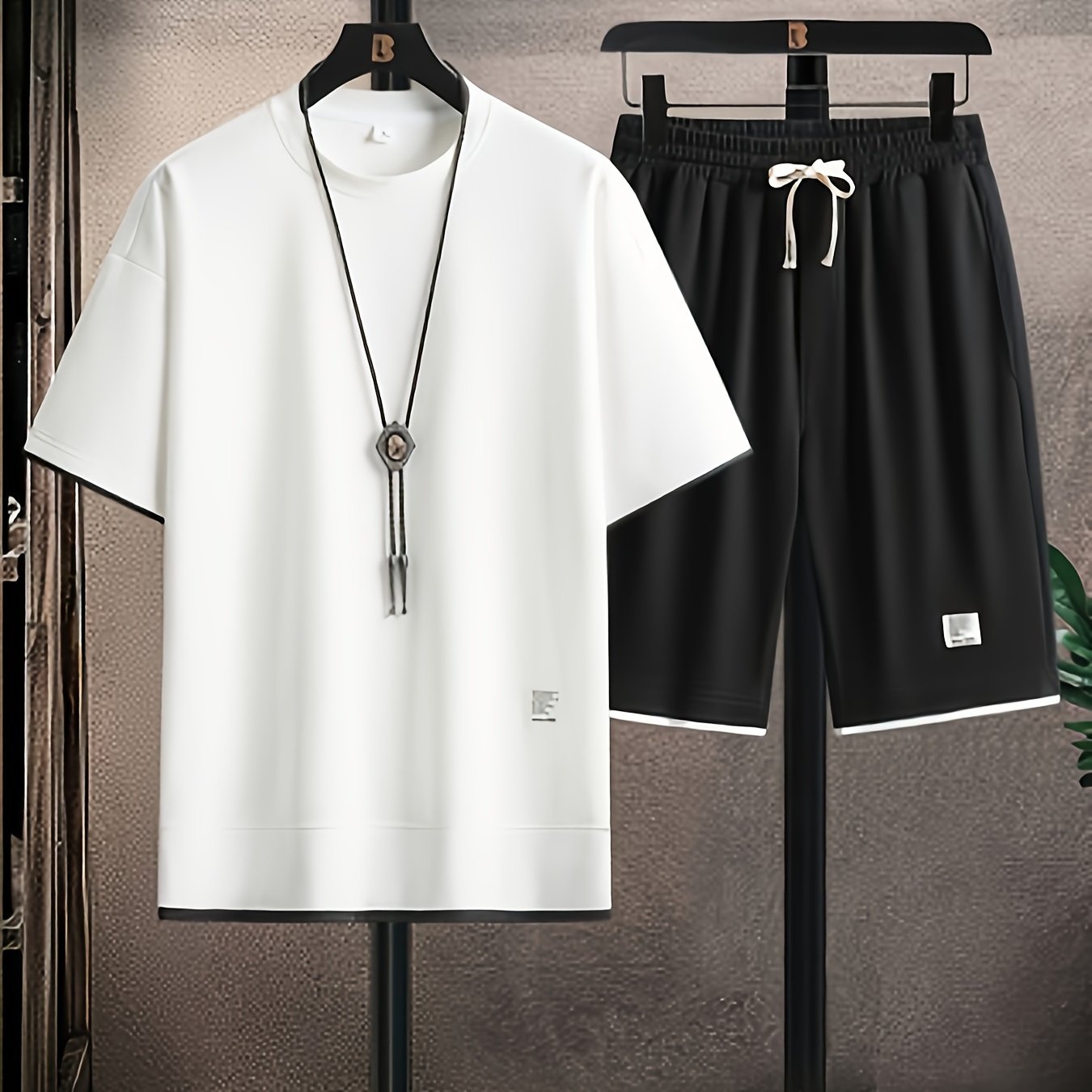 Men's casual summer outfit: t-shirt and shorts set with crew neck tee and breathable comfy shorts.