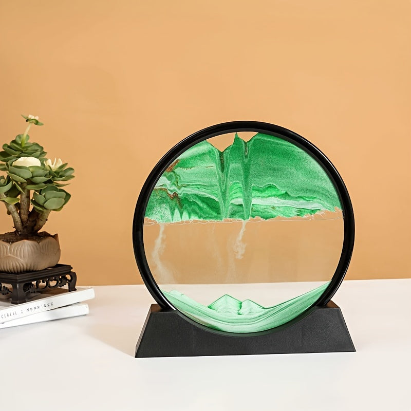 7-inch round glass frame with moving liquid sand picture depicting a 3D deep sea landscapes; no battery required.