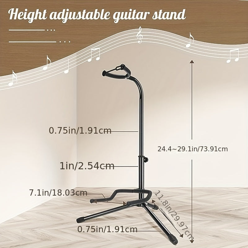 Portable guitar stand, adjustable height, foldable, with soft padding and rubber feet for all guitar types.