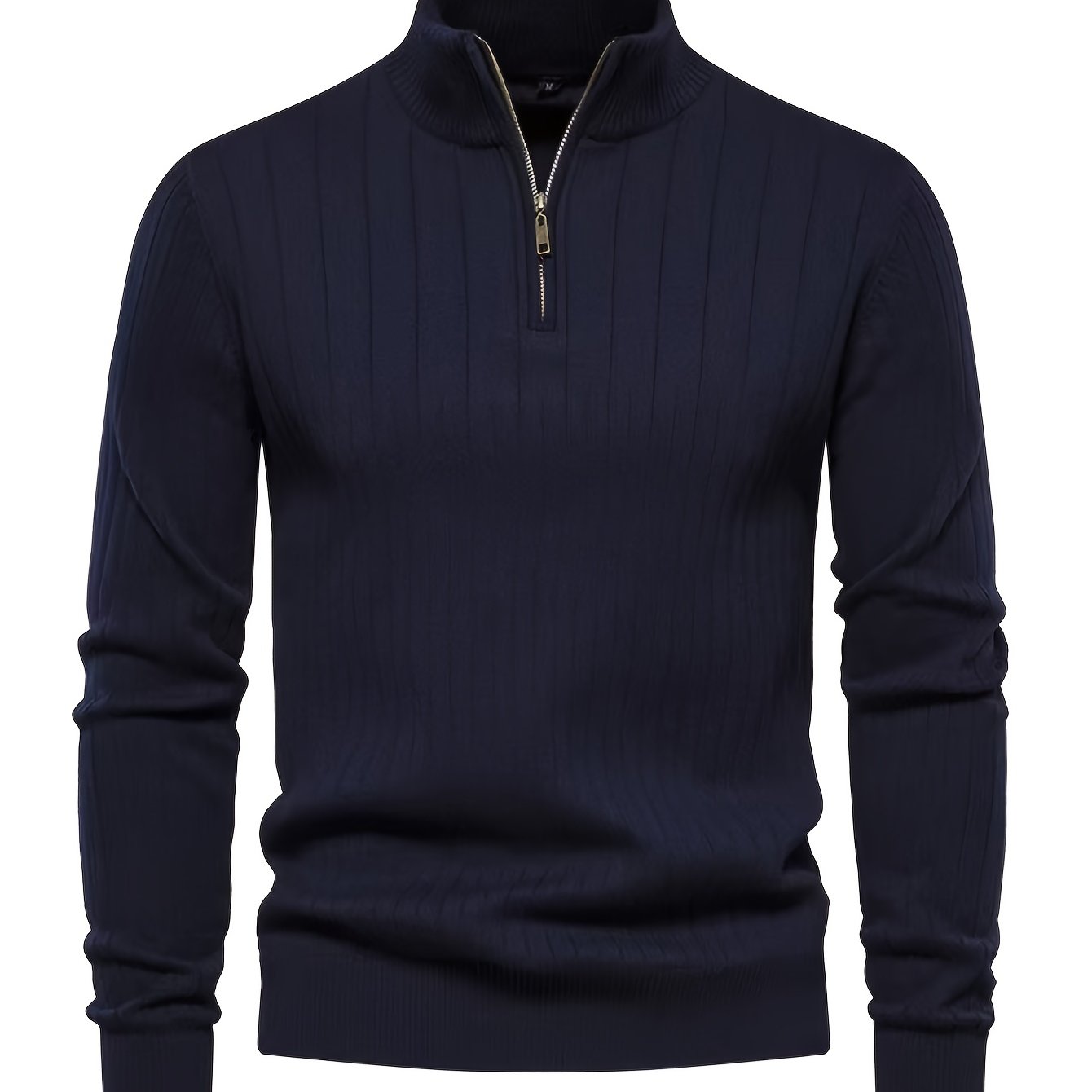 Men's stand collar zip-up sweater made of viscose blend with solid color, long sleeves, and regular fit, suitable for all seasons.