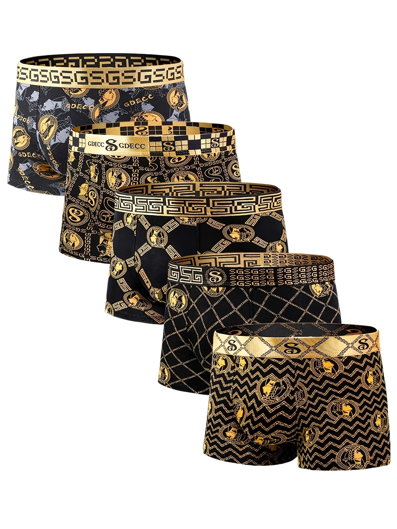 Various 1/5 Black and Golden Gift Boxes featuring Summer lightweight, comfortable, breathable quick-dry fabric with Black and Golden Leopard Rainbow Chain Designs on Men's Boxer Briefs.