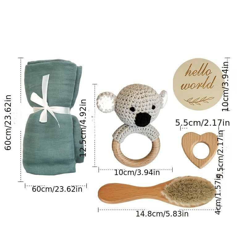 Artisanal Children's Gift Set - Luxuriously Soft Bamboo Towel, Gentle Goat Hair Brush & Adorable Beechwood Koala Rattle with Personalized 'Hello World' Card - Ideal Baby Shower Keepsake