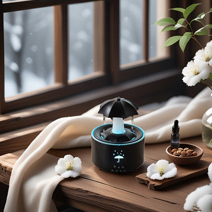 A rotating umbrella humidifier with water droplets and large mist output, desktop aromatherapy machine with colorful lights, remote control included, ideal for bedrooms and offices.