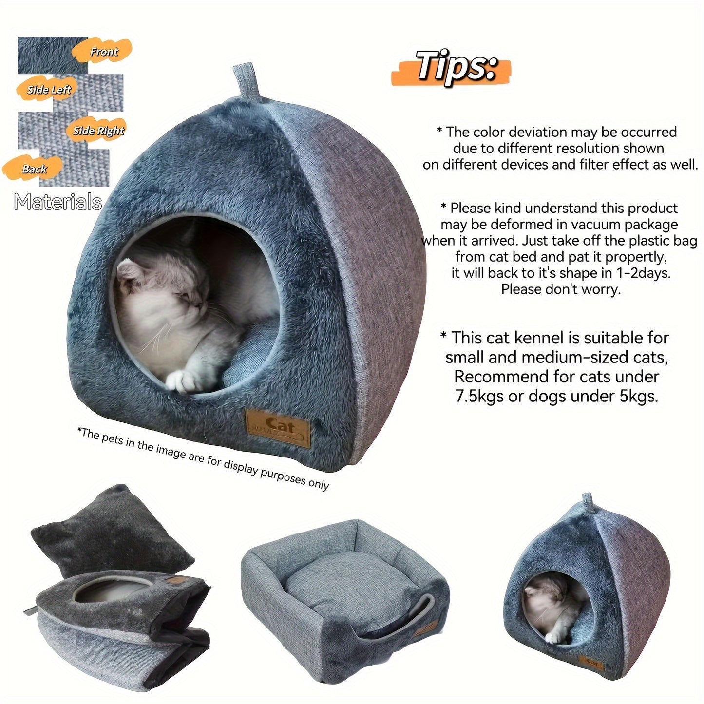 Foldable cozy cat cave bed with plush cushion pad.