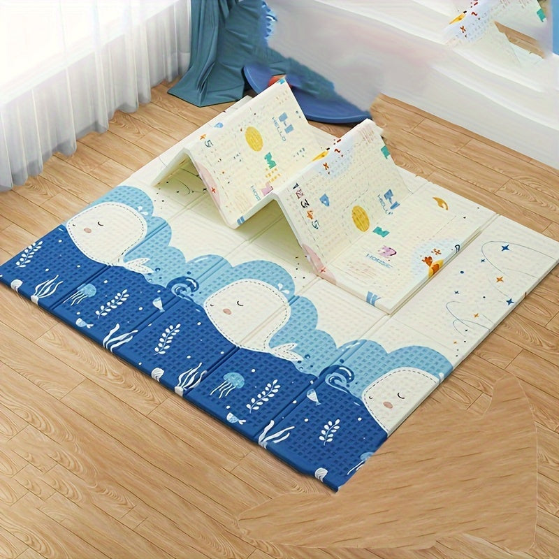 Baby crawling mat with double-sided design, featuring cartoon patterns and waterproof activity surface. Made of soft foam in mixed colors with PE coating. Includes handbag storage for easy carrying. Ideal for infant play and learning.