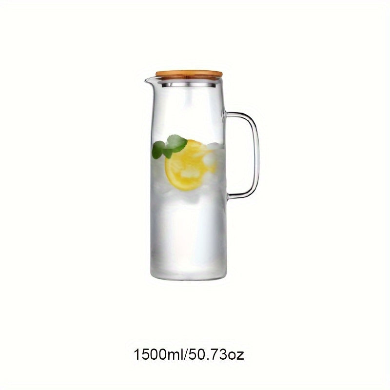 Leak-proof glass pitcher with bamboo lid, perfect for iced tea, juice, and water. Ideal for home use.