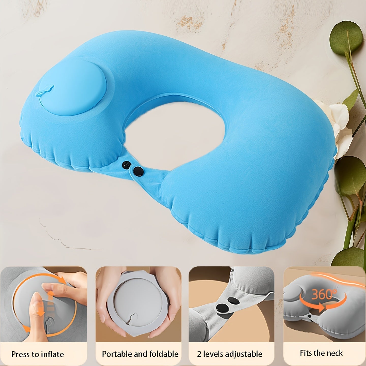 Grey TravelMate Adjustable Compressed Inflatable U-Shaped Neck Pillow with 2 Air Pressure Levels for Office and Car Use, Portable and Foldable Car Neck Support Cushion, Easy Inflate and Spot-Clean