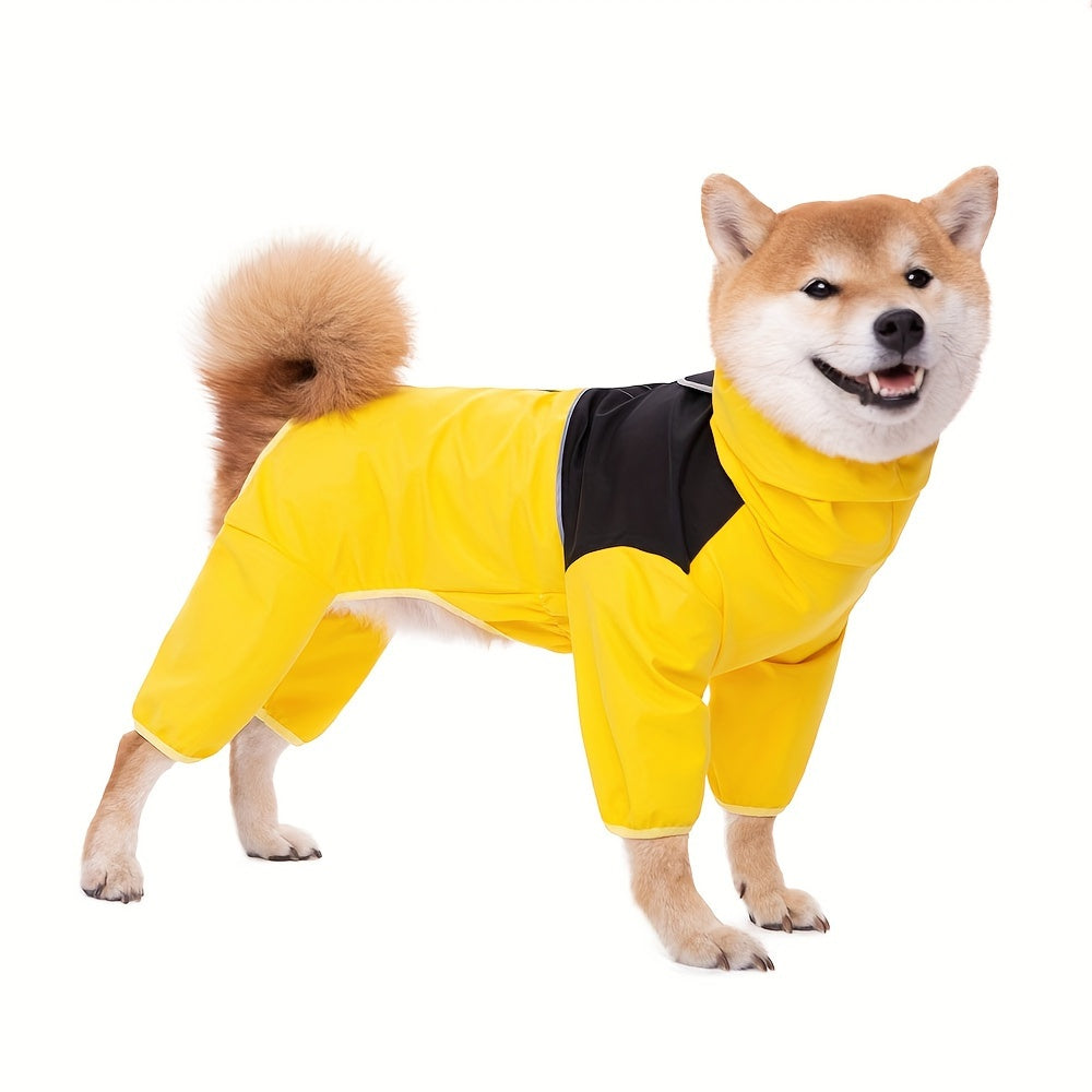 Medium to large breed dog raincoat in bright yellow. Made of durable polyester with zipper closure, ideal for Labradors, Golden Retrievers, Shiba Inus, and more.