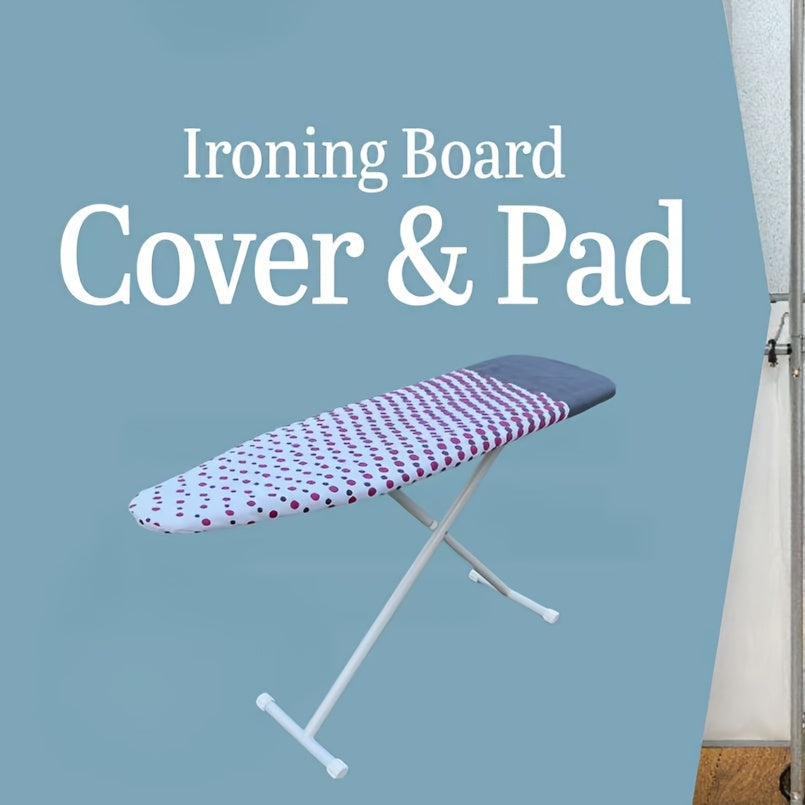 Ironing board cover with extra-thick padding, double-layer lining, non-slip elastic edges, and high-temperature resistant PET material. No electricity required, foldable design, and includes cloth strip for easy storage.