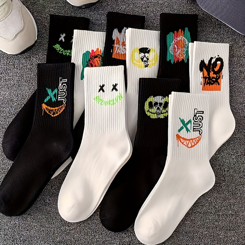 Five pairs of black and white graffiti mid-calf sports socks for men and women.