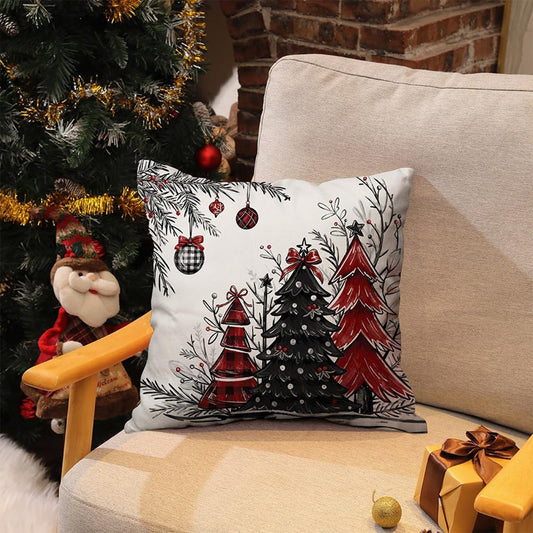 Festive Christmas Pillow Covers Set with Red & Black Trees Design - Perfect for adding cozy holiday decor to your home couch. Available in 16x16, 18x18, or 20x20 inch sizes, these single-sided zippered covers are made of a linen blend that is machine