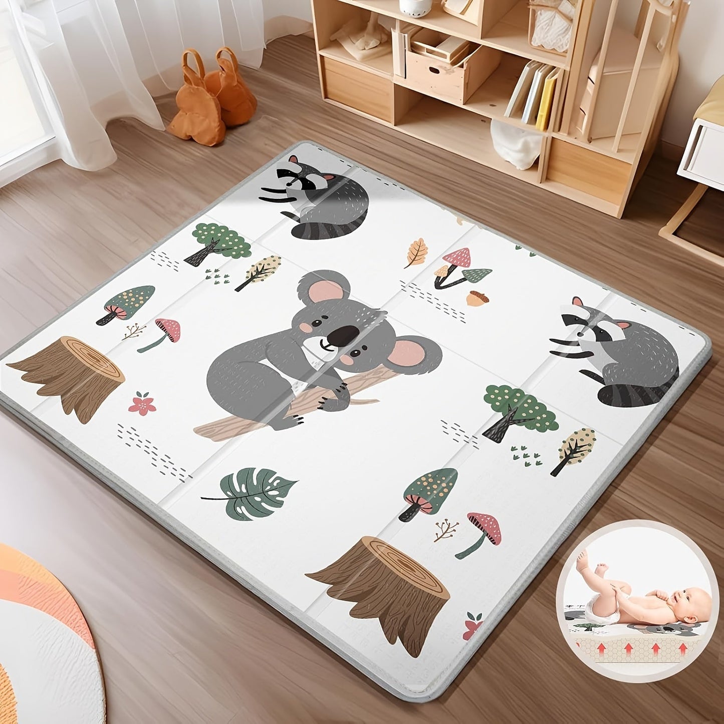 The Waterproof Foldable Play Mat measures 127.0x127.0 cm and features dual-side Koala & Star patterns. Made of PE foam, this floor gym is ideal for children -8 years for nursing and playtime. It is portable for both indoor and outdoor use, making it the