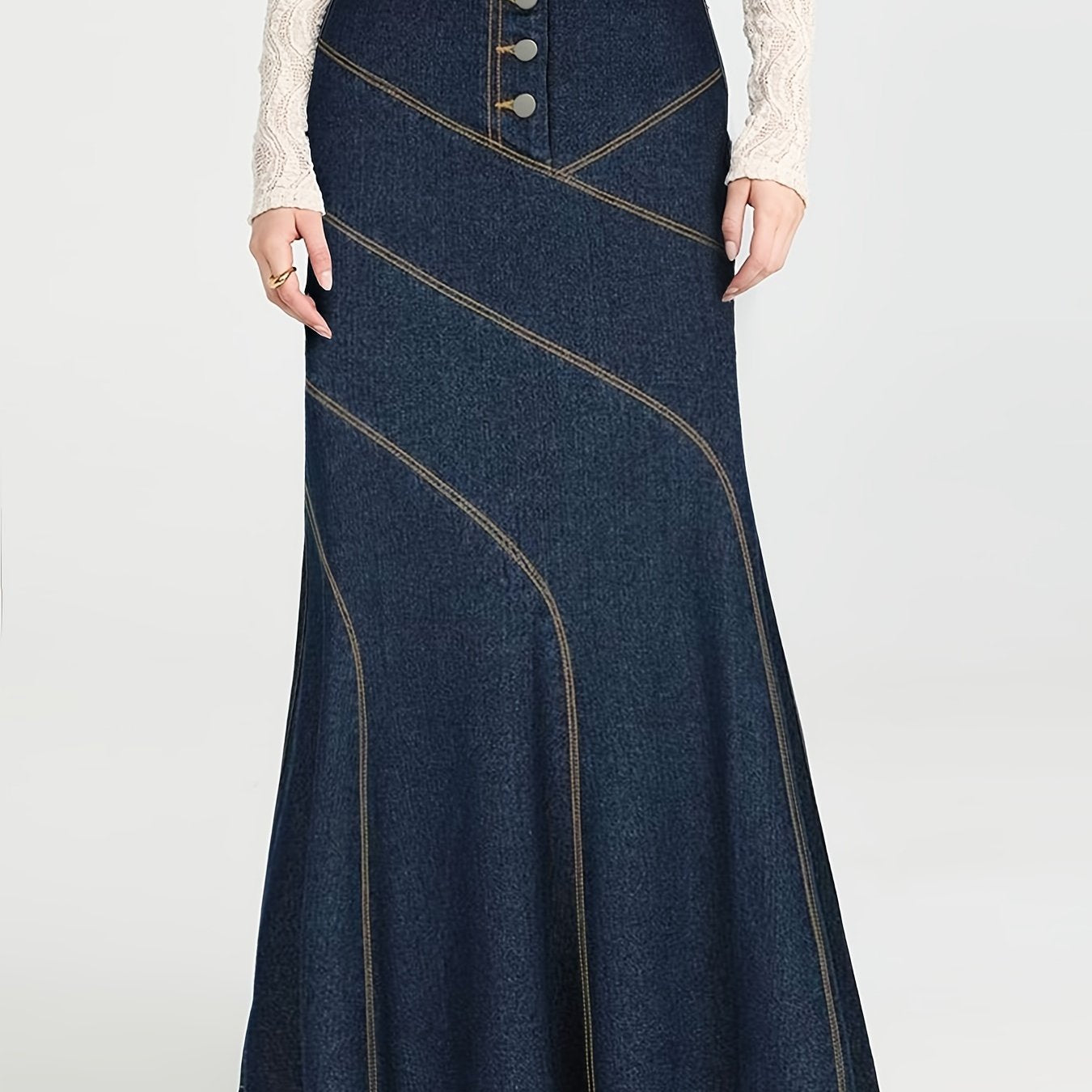 Elegant button detail denim midi skirt for plus size, high-waisted and flowing silhouette, machine washable, dark blue with light gray accents.