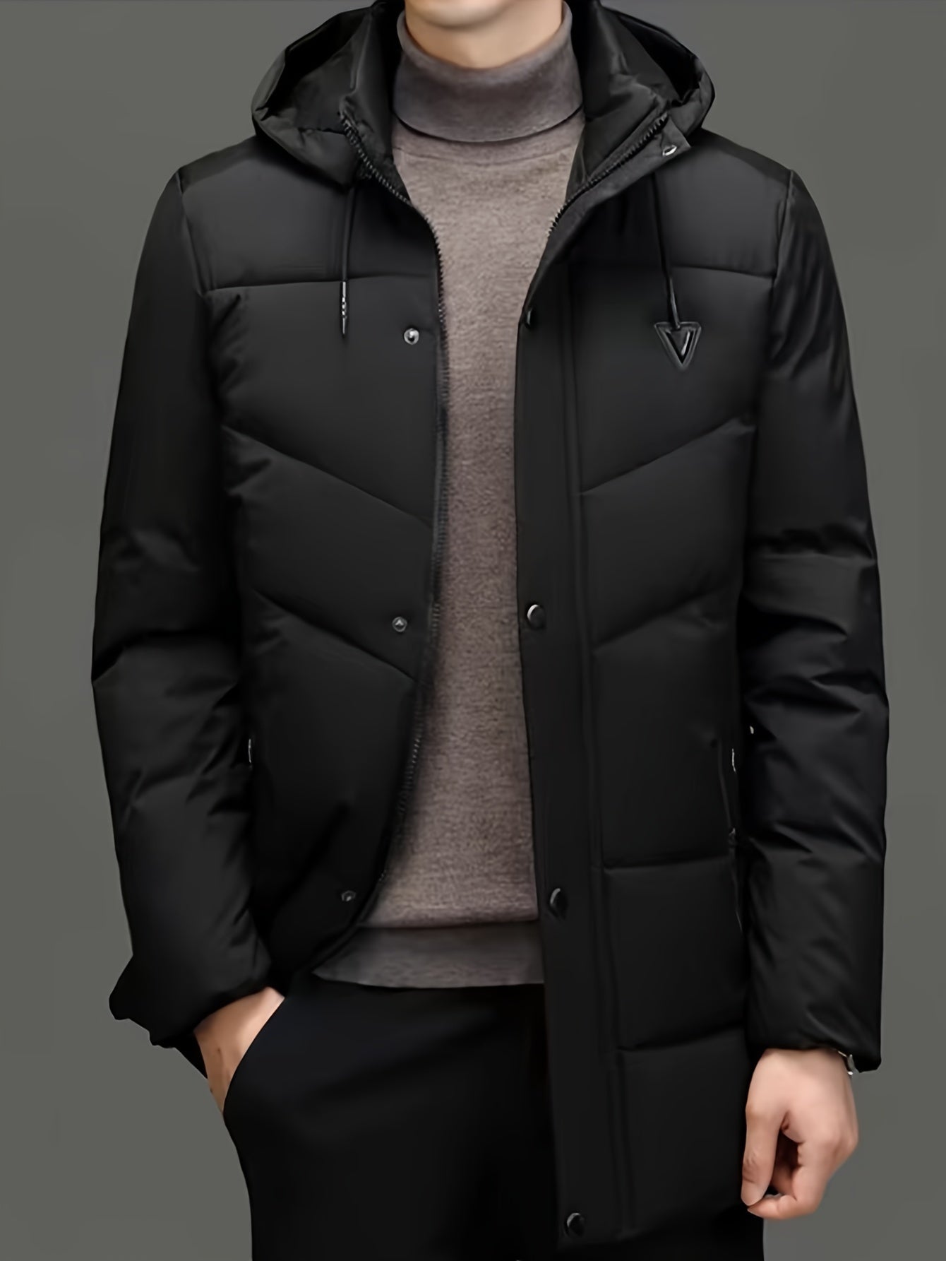 Men's mid-length hooded padded jacket with detachable hood, suitable for winter outdoors.