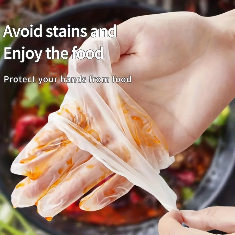 100 pieces of TPE Disposable Cleaning Gloves, free from latex, providing comfort and resistance to oil. Suitable for multiple uses, safe for the environment, ideal for tasks in the kitchen, bathroom, living room, patio, and outdoor areas.