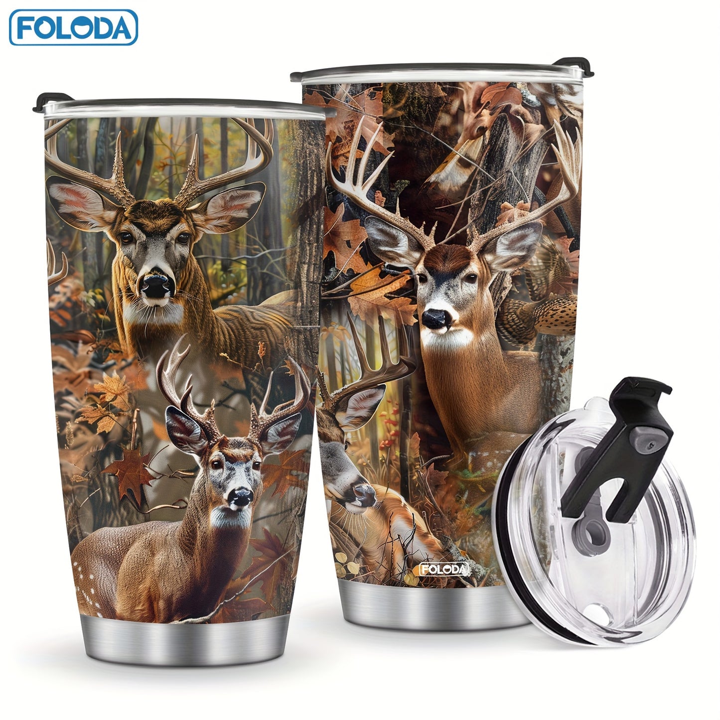 20oz stainless steel deer hunting tumbler with lid, autumn forest design, ideal gift for hunters, dad, or papa. Hand wash only. Great for Christmas, birthdays, or Valentine's Day.