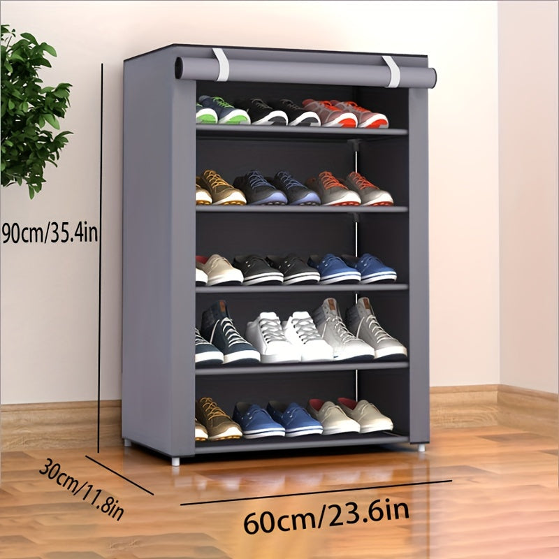 Metal shoe rack with dustproof cover, vertical storage, easy assembly, for entryway/bedroom/living room, lightweight under 13.61 KG, spacious capacity, weather-resistant, 68.58cm tall.