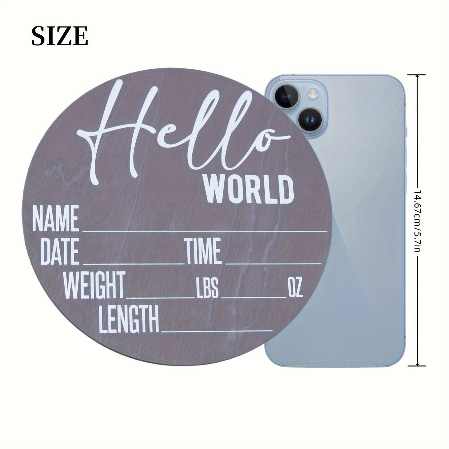 Wooden Birth Announcement Keepsake Plaque - "Hello World" Commemorative Sign with Space for Photo Props and Memory Display of Fillable Details