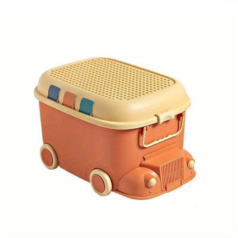 Blue plastic toy storage box with wheels for building blocks, snacks, small items, bedroom, living room, and home decor.