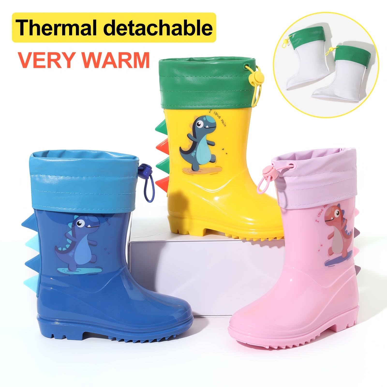 Child's dinosaur rain boots that are thermal detachable, non-slip, waterproof, comfortable, and suitable for all seasons.