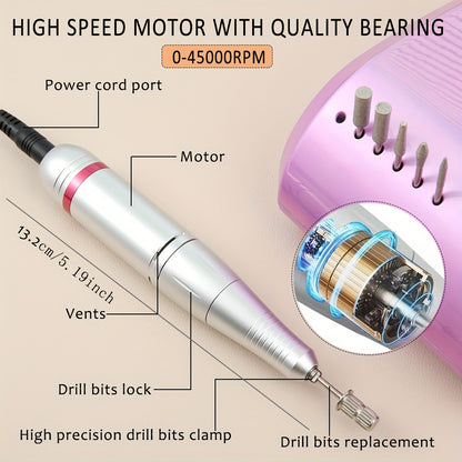 High-speed electric nail drill for professional manicures and pedicures, includes HD display and accessories for polishing and cuticle removal.