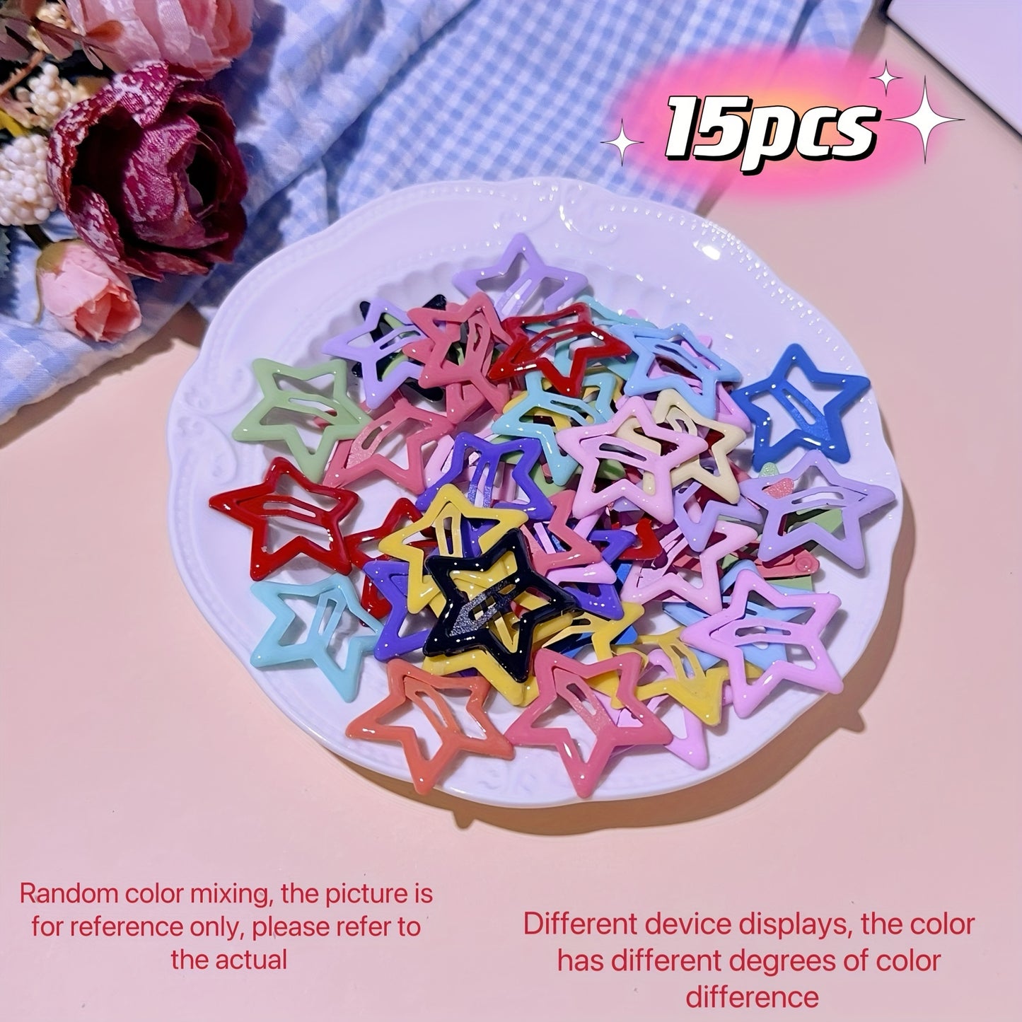 Y2K Cute Star Hair Clips Set in colorful metal star shape, available in 15/30/50/100pcs. Trendy hair accessories for all ages 14+. Perfect gift for Eid and Ramadan.