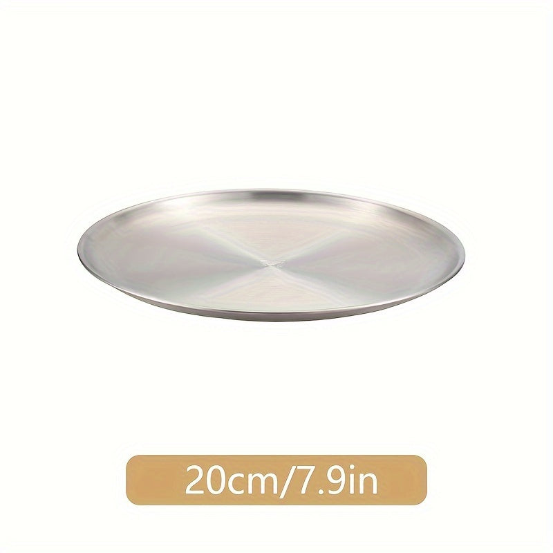 1pc Stainless Steel Dinner Plate for kitchen, restaurant, party use. Can be used as a fruit plate, meat plate, cake plate, dessert plate, or round plate.