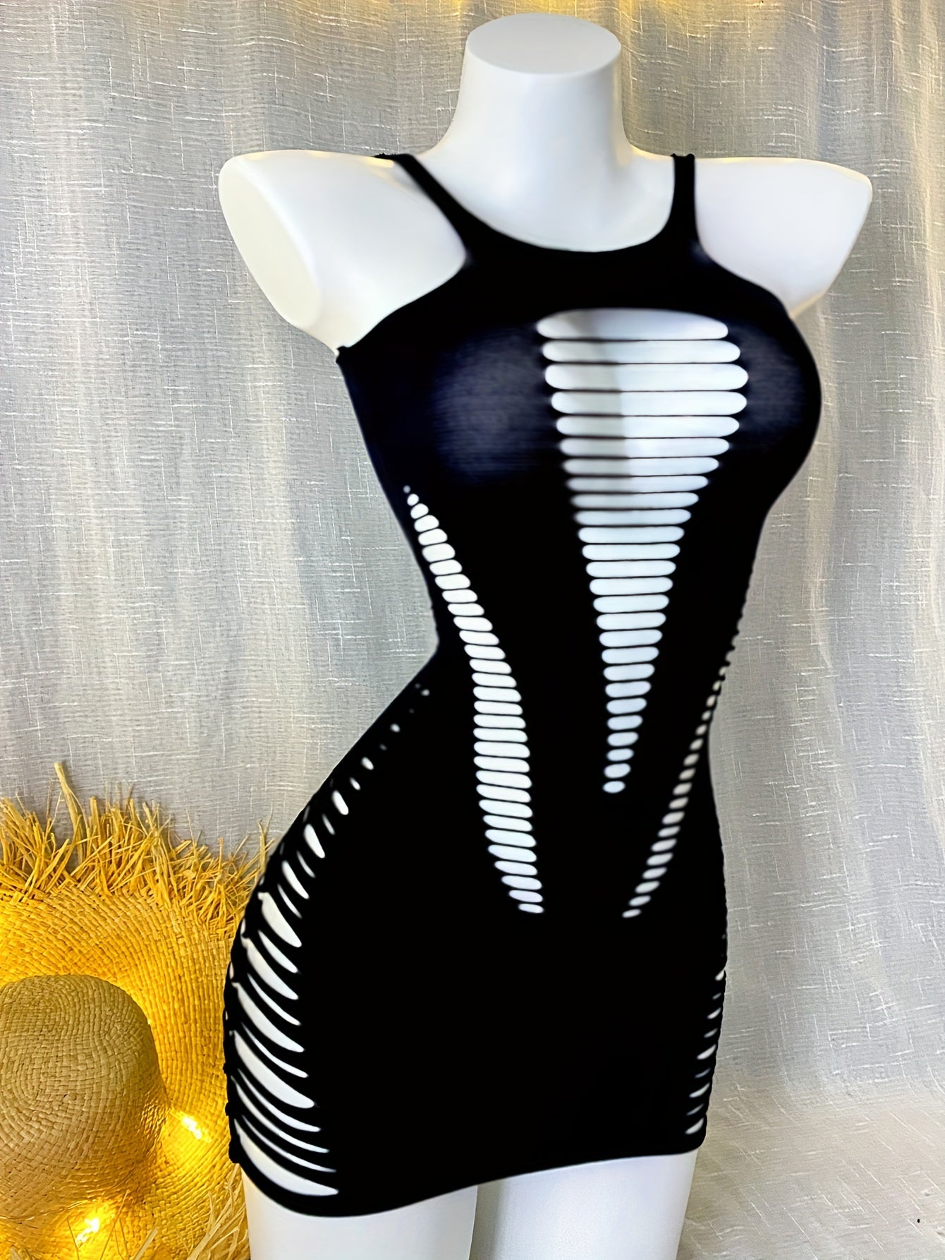 Sexy Gu sleeveless bodycon dress, ideal for music festivals or vacations. High stretch knit fabric with hollow out design and solid color polyamide cover up. Perfect beachwear swimsuit for