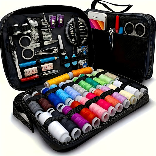 Portable travel sewing kit made of black denim material includes needles, threads, scissors, and basic sewing accessories for quick repairs.