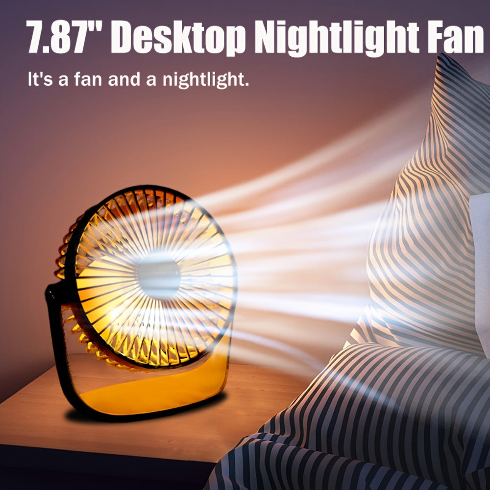 Experience the convenience of the JKUOO 19.99cm Portable Desk Fan with Nightlight. This fan features USB-C charging, 5-speed settings, 360° tilt, quiet operation, a 1200mAh lithium battery, and is made of high-quality plastic material. Perfect for both