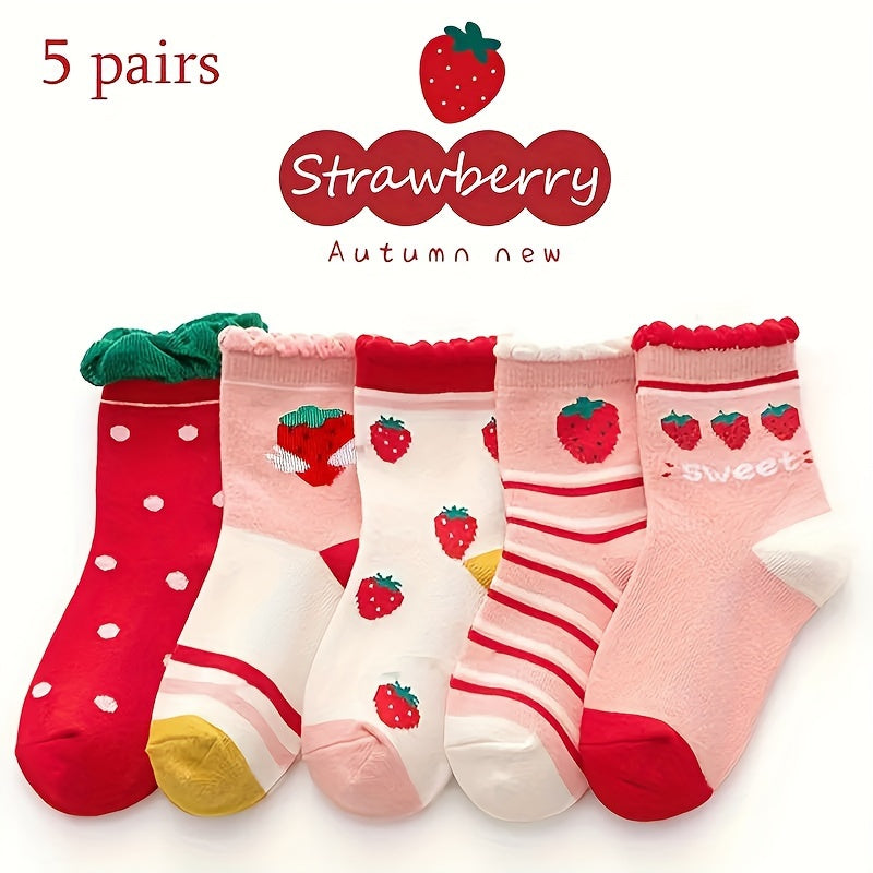 5 pairs of comfortable and breathable strawberry-style children's socks in versatile colors, made from high-grade knitted fabrics. Quality guaranteed and the perfect gift for kids.