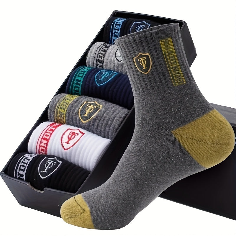 5 pairs of men's athletic crew socks with moisture-wicking knit fabric, solid color, 75% polyester, 25% spandex, embroidered badge, hand wash only, sweat-resistant.