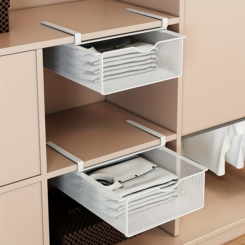 A compact underwear organizer with pull-out hanging storage for bras, socks, and panties. Features a polished metal finish and can be used as a portable closet drawer divider.