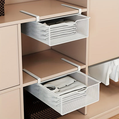 A compact underwear organizer with pull-out hanging storage for bras, socks, and panties. Features a polished metal finish and can be used as a portable closet drawer divider.