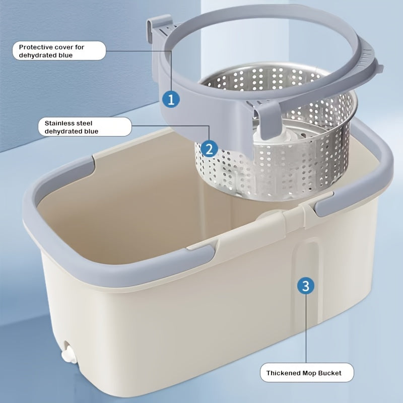 The Stainless Steel 360-Degree Rotating Mop Bucket Set features dual carry handles, a detachable washboard, and a protective cover for easy dumping. Perfect for home use, this set is ideal for cleaning in the living room, bedroom, bathroom, kitchen, and