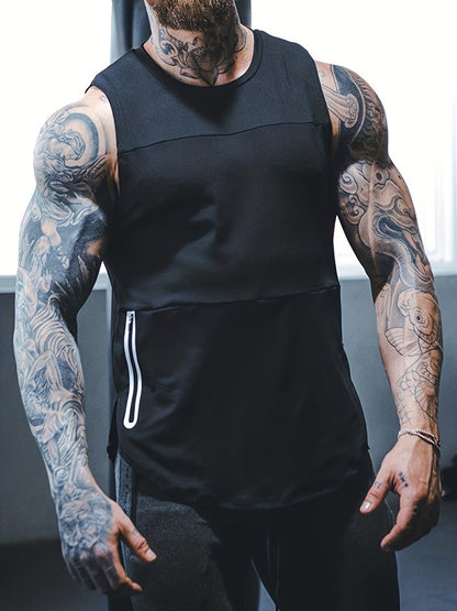 Men's casual sports suit with sleeveless zipper pocket vest and American style training shorts.