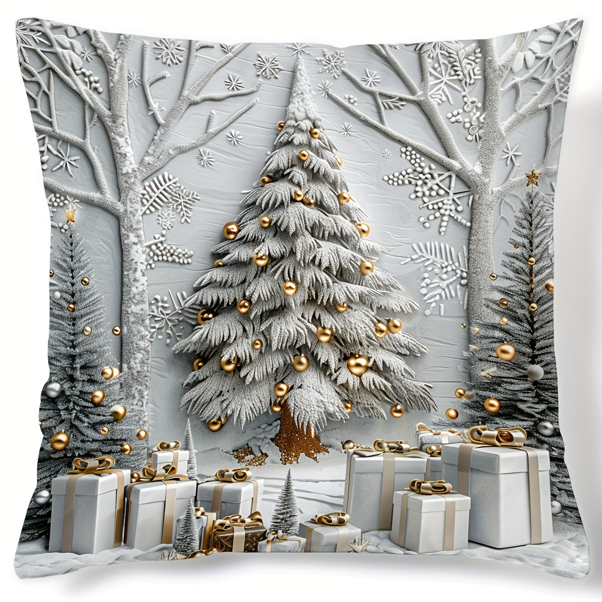 1pc Christmas Tree and Gifts Pattern Throw Pillow Cover, Contemporary Style, 44.96cm x 44.96cm, Zipper Closure, Hand Wash, 100% Polyester, Sofa Decor