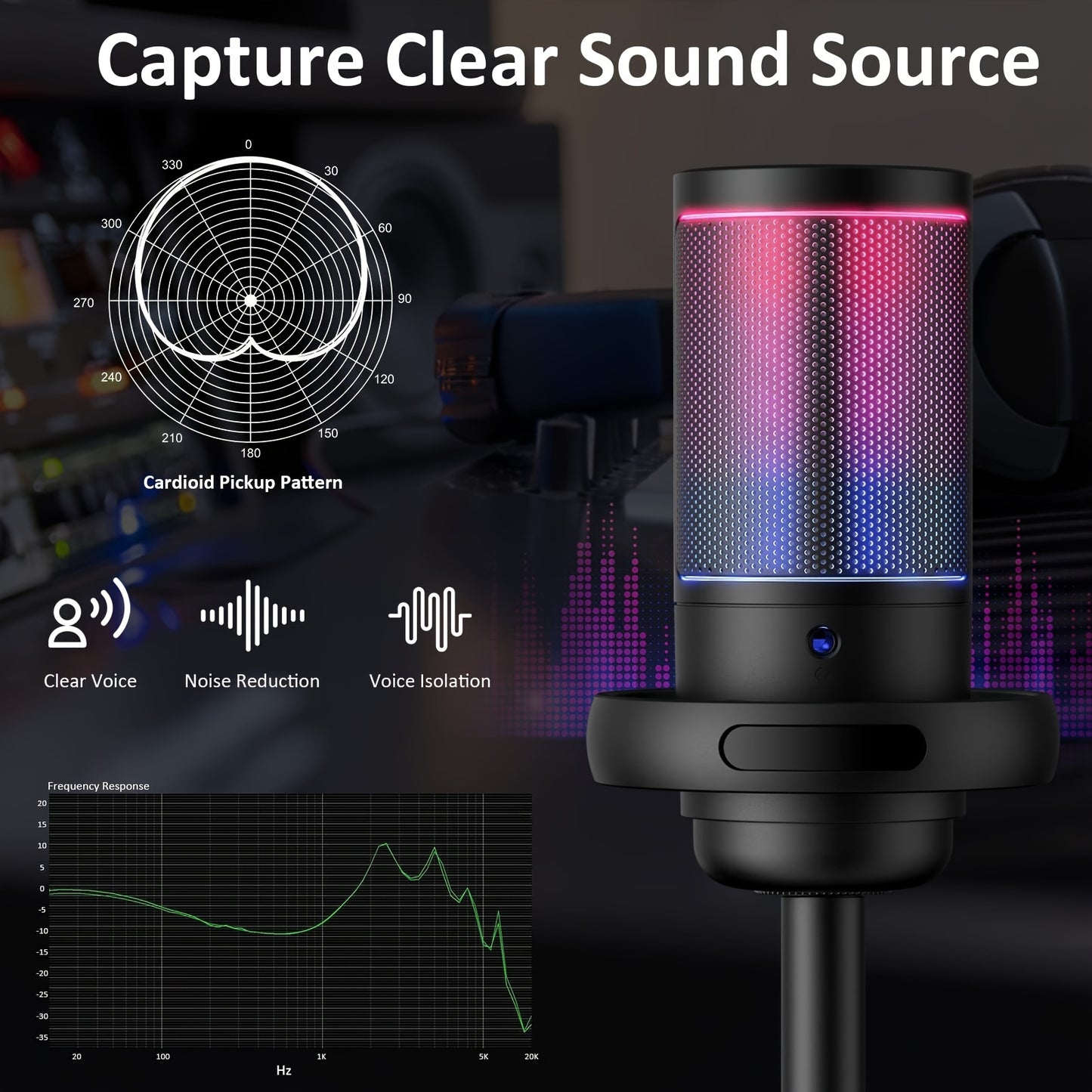 Professional USB condenser microphone with RGB lighting suitable for gaming, streaming, recording, and karaoke on PC, Mac, and various gaming consoles and phones.