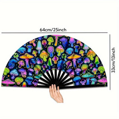 [Top Pick] Vibrant Neon Mushroom UV Glow Rave Folding Hand Fan - Large 13-Inch Bamboo Snap Fan for Men & Women, Perfect for Parties & Plant Themes - Requires No Electricity